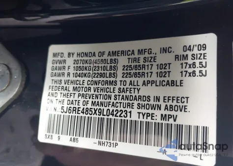 2009 Honda Cr-V Ex from USA, damaged, VIN 5J6RE485X9L042231